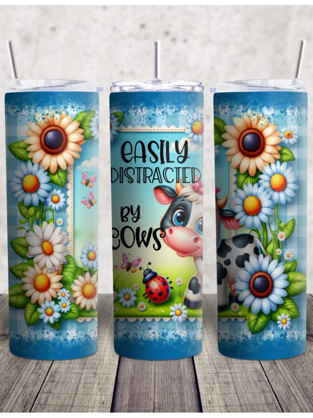 Easily Distracted by Cows Blue Floral Stainless Tumbler